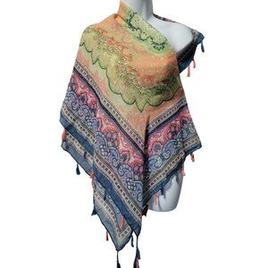 Sundance Multicolor‎ Square Scarf Wrap Tassels Boho Style 100% Polyester 39x42"